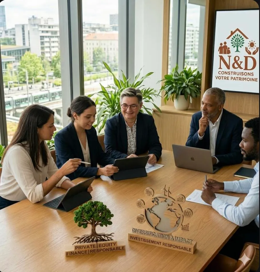 Équipe en réunion patrimoniale autour d'une table