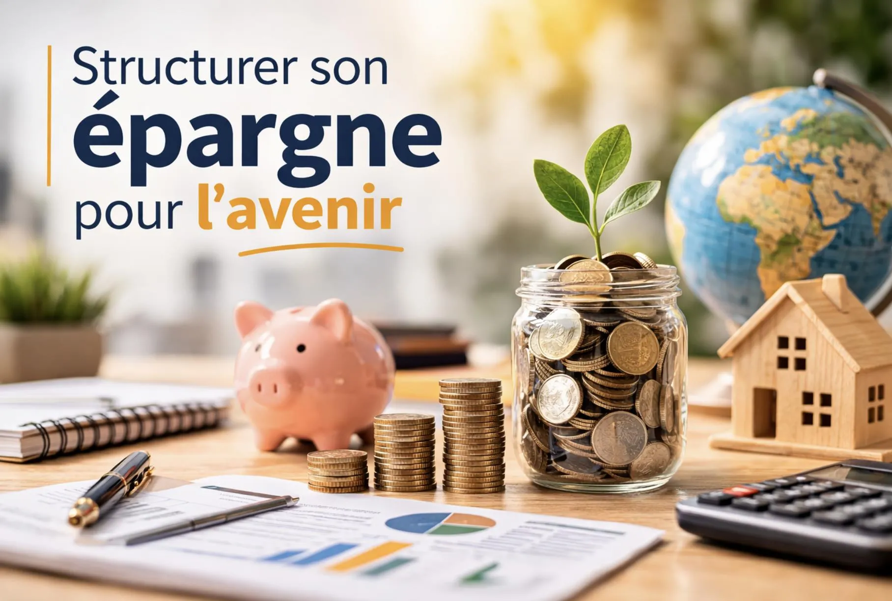 Tirelire, pièces et globe évoquant l'épargne à long terme